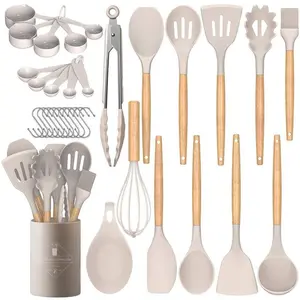 Chef Kitchen Cooking Utensils Set, 33 pcs Non-Stick Silicone Cooking Kitchen Utensils Spatula Set with Holder, Wooden Handle Silicone Kitchen Gadgets Utensil Set, Kitchen Cooking Accessories