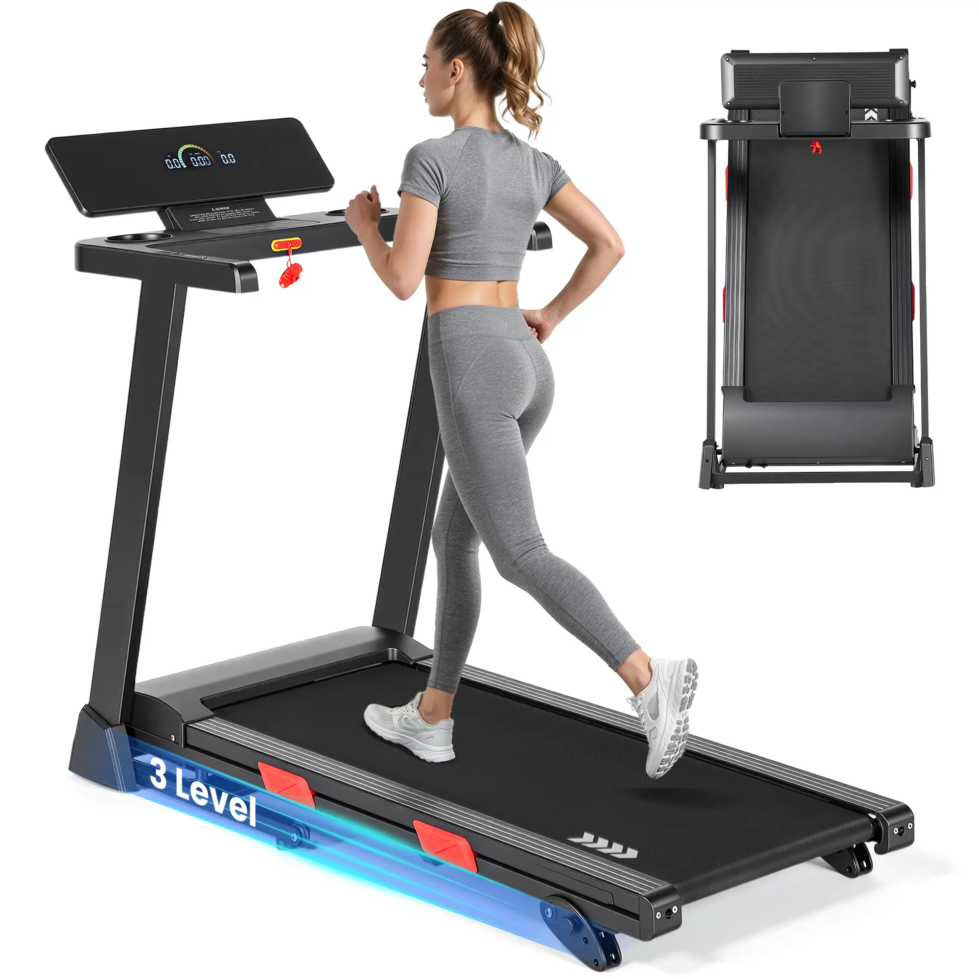 3 Level Manual Incline Treadmill 2.5HP Dual Storage Folding Modes Treadmill with 0.6-8.5MPH Speed Range Foldable Monitor Water Cup Holder & Safety key for Home Gym Exercise 286lbs