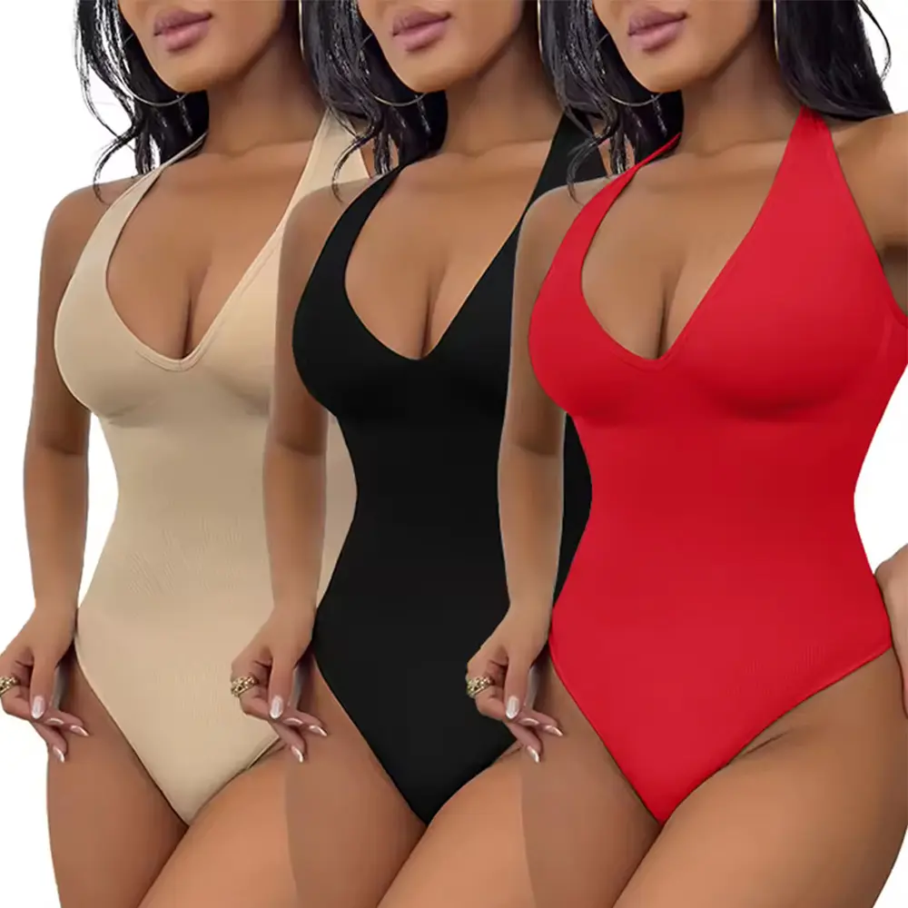 Women's Seamless Soft Fabric Halter Deep V-Neck Backless Straps Shapewear Bodysuit - Tummy Control, Garment Sculpting, Thong Design, Jumpsuit Style Womenswear, Compression, Day, Breathable, Cute