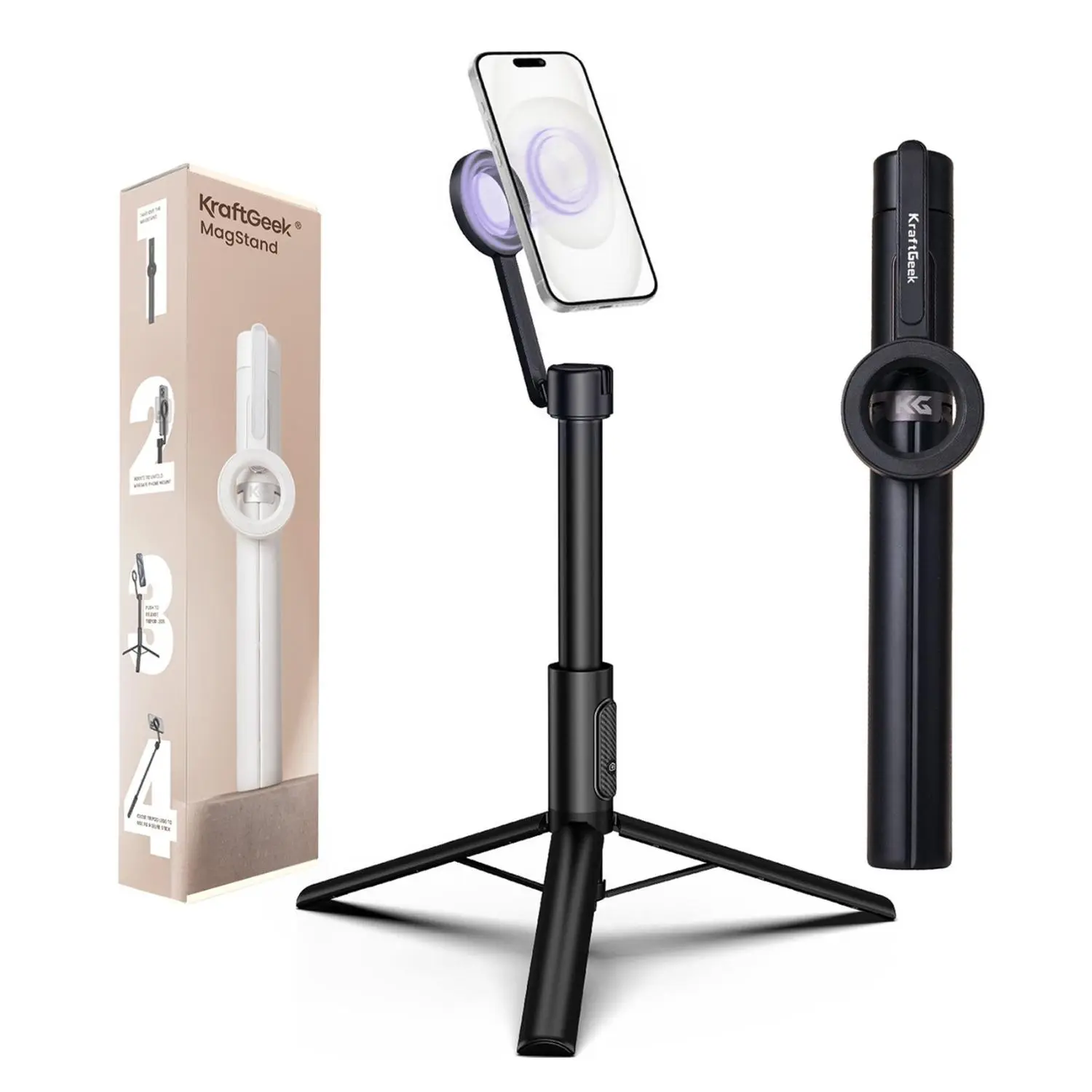 KraftGeek Magstand Magnetic Selfie Stick Tripod for iPhone & Android 64" Compatible with MagSafe iPhone 12-17 Series & Pixel 10 phone mount