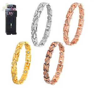 Leaf-Motif Magnetic Bracelet with Rhinestone Accents — Antique Red Copper Brushed Finish, Adjustable — Couples' Bracelet/Bangle — Holiday Gift