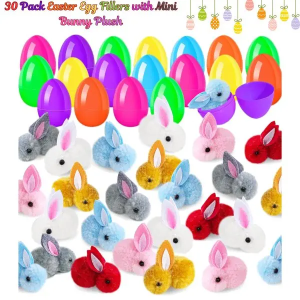 30-Pack Unisex BPA-Free Latex-Free Easter Egg Fillers with Fun Plush Bunnies - Safe, Versatile for All Children Development Toys, Colorful Easter Basket Stuffers for 3+ Years