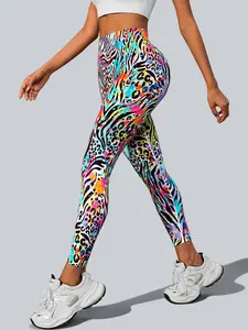 Women's High Waist Abdomen Control Yoga Pants, Gym Workout Leggings, Striped Drip Pattern Sports Underwear, 90% Polyester/10% Spandex, Four-Way Stretch for Running Gym Fitness, Stretchy Workout Leggings