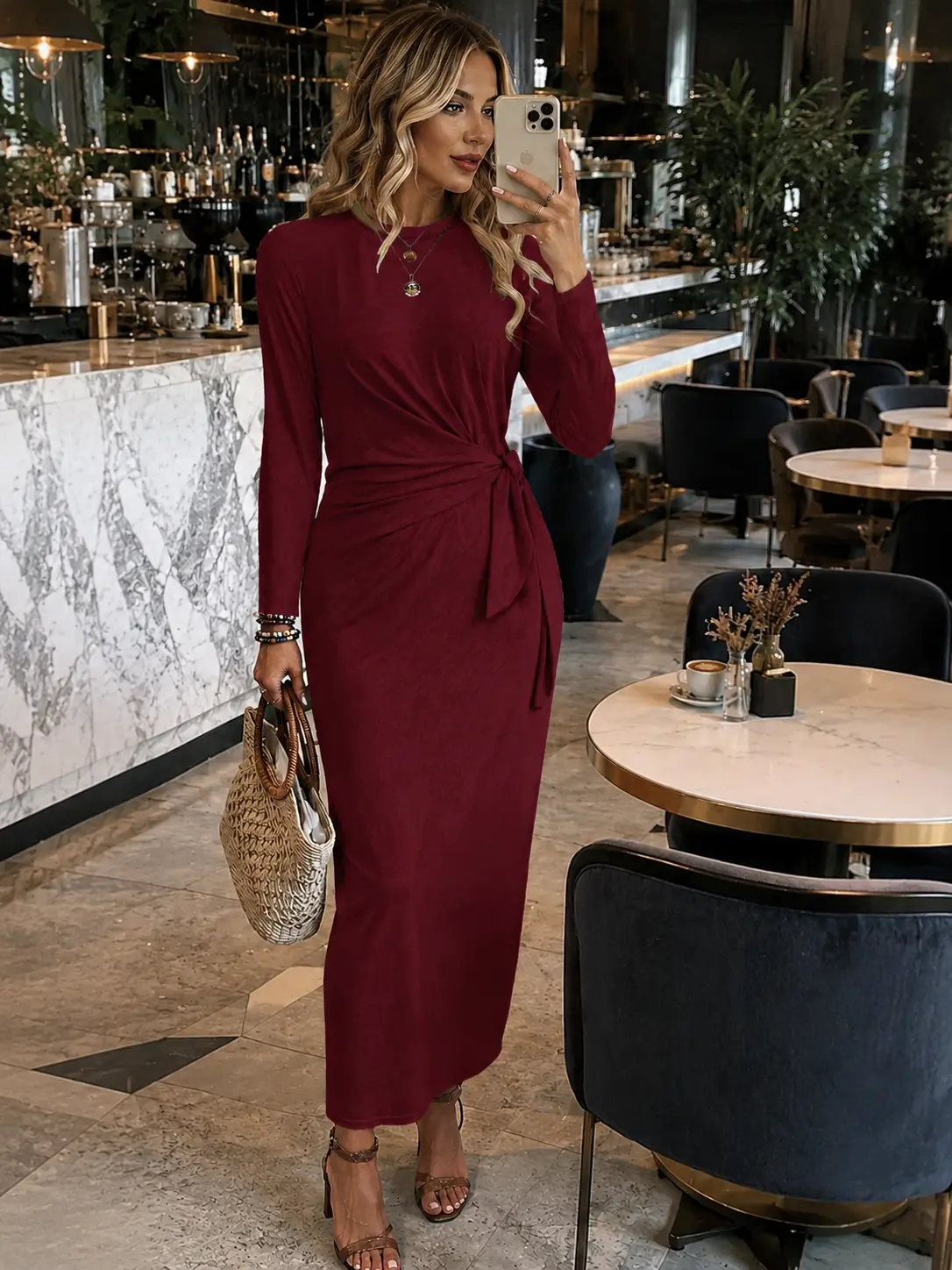 Women's Autumn-Winter Premium Knit Long-Sleeve Midi Dress - Tie Detail, Twist Knot, Slimming Fit - Suitable for Commuting, Evening Events