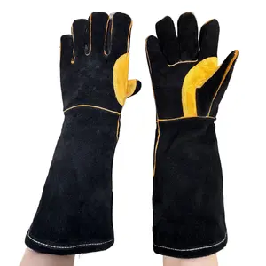 17.8-inch XL Extra-Long Welding Gloves, Double-Layer Cowhide Leather, Sewn with Kevlar Thread, High-Temperature Resistant, Fireproof, Cut-Resistant, Puncture-Resistant, Suitable for TIG, MIG, Manual Arc Welding, Barbecue, Fireplace, and Pet Handling