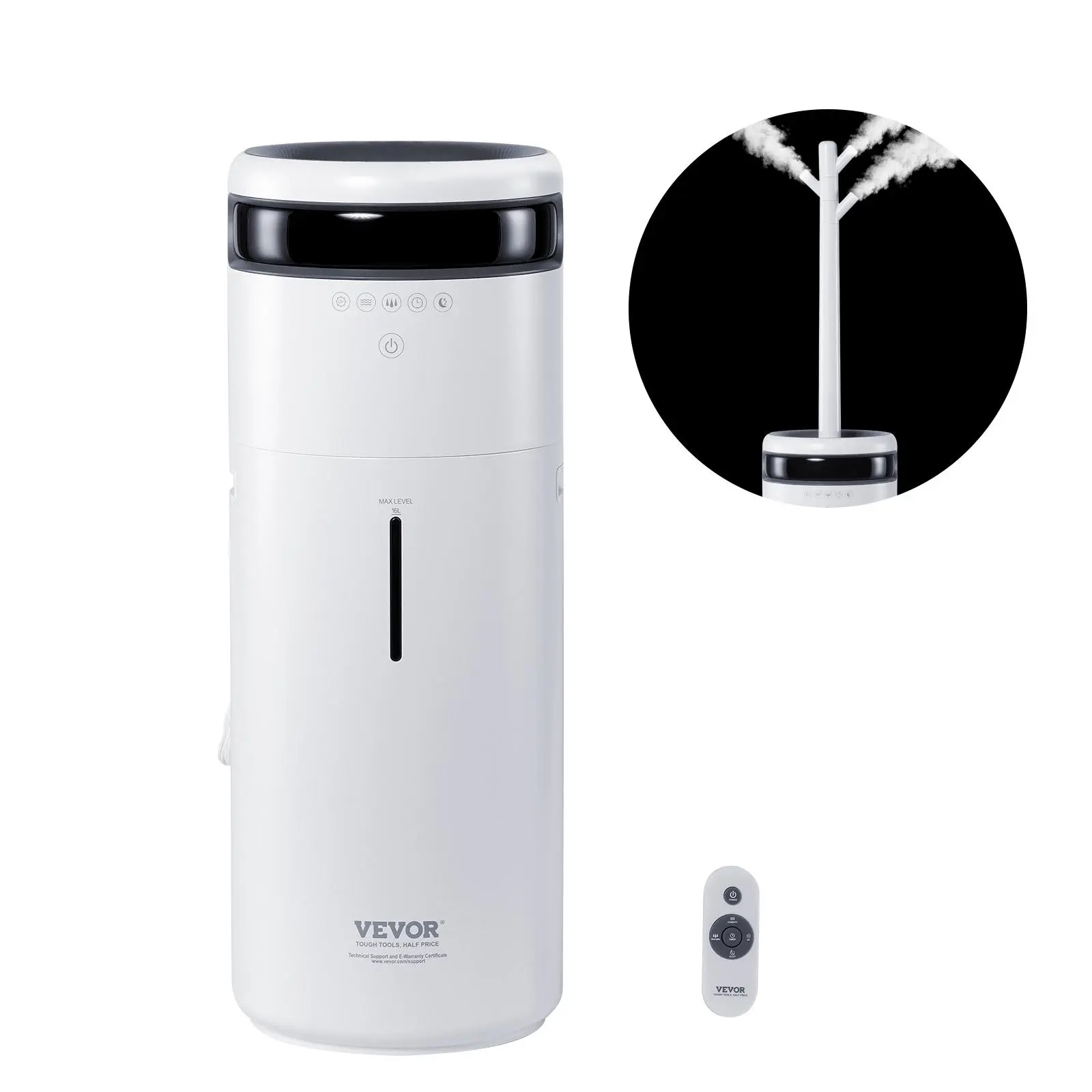 【Summerfinds】VEVOR Commercial & Home Humidifier, 16L Long-Lasting Tank for 1291.7 sq ft Large Room/Whole House, Adjustable 360° Rotatable Nozzle, Night Light, 12h Timer, Auto Shut-Off, Alarm, Greenhouse Branch Tube for Commercial Users, Mist Adjustment, V