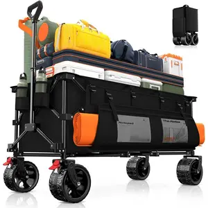 Collapsible Heavy Duty Utility Wagon Cart, Extra Long Beach Cart with All Terrain Wheels 360-560LB Capacity 120L-300L Storage, Foldable Utility Cart with Durable Steel Frame & Black Oxford Fabric for Groceries, Shopping, Camping, Sports, Garden