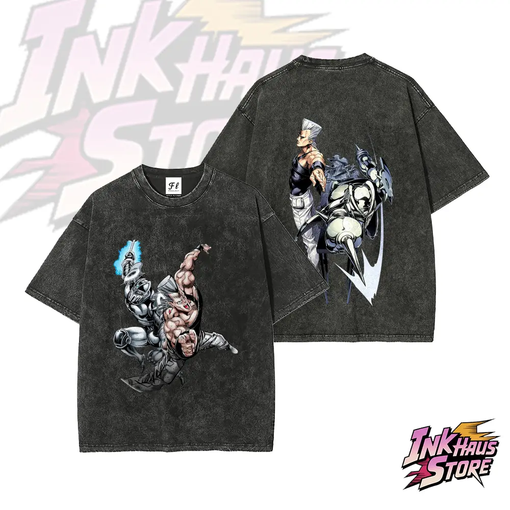 Jean Pierre Polnareff and his Stand, "Silver Chariot," from *JoJo's Bizarre Adventure*，anime fashion streetwear gym fit--Short Sleeve Cotton Unisex Retro wash Tee