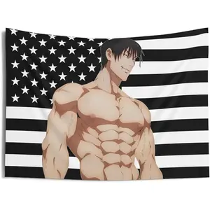 Toji American Flag Tapestry, anime Funny Room Merch, meme gift idea, Wall decor for anime fan, USA flag, banner Decorative Linen summerwins