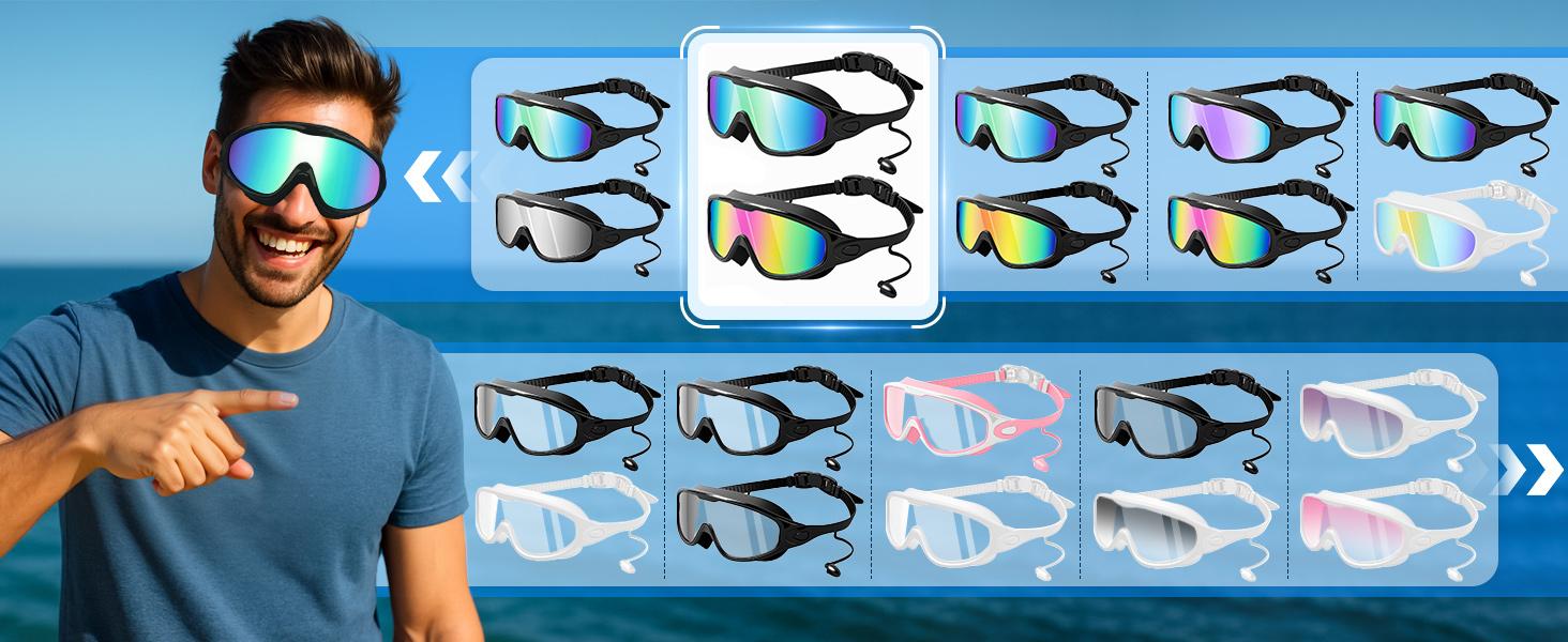 Swim Goggles for Adults & Kids | FULL COVERAGE ANTI-FOG | 3 Color UV Protection Lenses | Free Waterproof Ear Plugs & Nose Clip | for Outdoor Water Fun