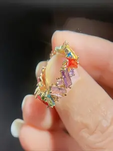 [Gold Plated Fashion Ring] 18K Gold Plated Light Luxury Irregular Geometry Brilliant Rainbow Square Synthetic Cubic Zirconia Ladies Elegant Fashion Geometric Design Ring - Couple Style Jewelry Rings