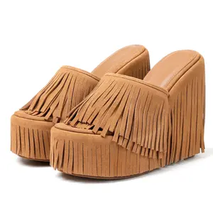 CELNEPHO Heeled Sandals For Women Open Toe Wedge Heel Suede Fringe Sandal High Heels Slip On Sandals Wedding Party Prom Date Casual Wear Dress Shoes