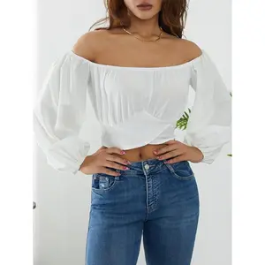 Women's Summer Casual T-Shirts, Women��s Solid Color Off Shoulder Long Sleeve Tie Knot Back Ruched T-Shirts, Women's Summer Top, Women's Outdoor Clothing