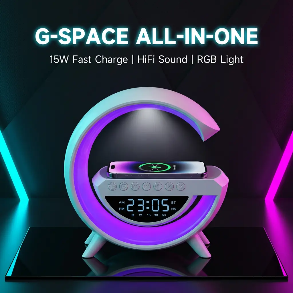 G-Shape Multifunctional Speaker Lamp - Portable Mobile USB Device with Wireless Charging, RGB Lights, Alarm Clock, Bluetooth Audio for Bedroom, Desk