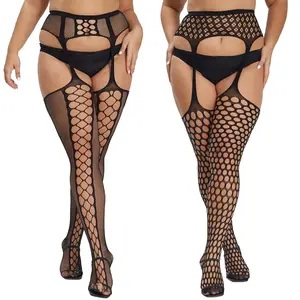 Plus Size Stockings Thigh High Fishnet Stockings Suspender Patterned Tights for Women (Pack of 2)