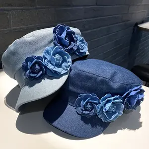 Women's Denim Rose Printed Octagonal Beret - Retro Stylish Sports Outdoor Hat for Women, Spring Autumn Headwear for Camping Parties, Hats For Women