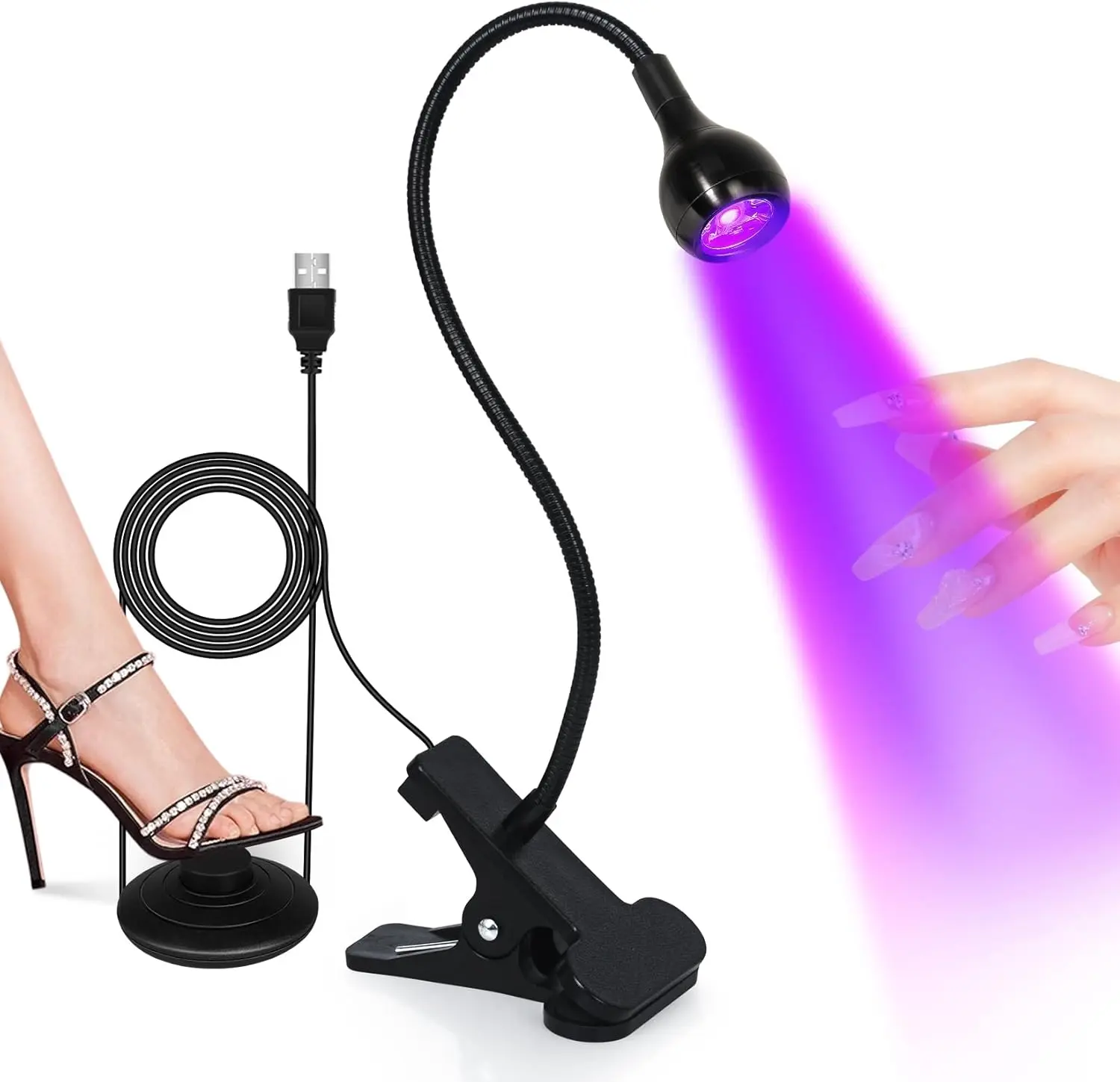 Foot Control UV LED Nail Lamp with Black Gooseneck and Clamp for Gel Nails Manicure Polish Mini Rechargeable home diy Nailcare