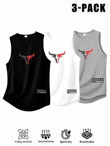 4-Pack Men's Quick-Dry Vest, Bull Print Sleeveless Top, Breathable Sportswear, Loose Fit, All Seasons, Multiple Colors Available, Sleeveless Workout Vest