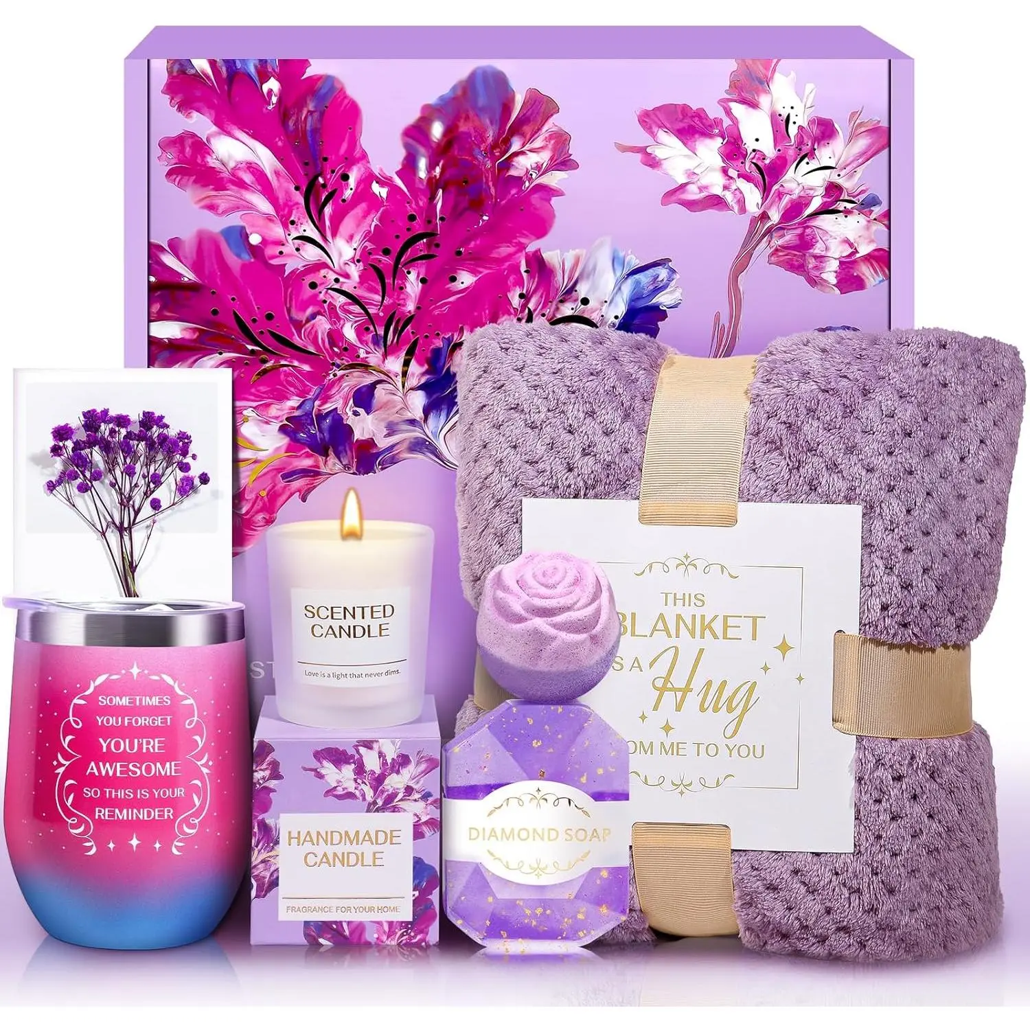Mothers Day Gifts, 8 piece Birthday Gifts for Women, Get Well Self Care Gift with Flannel Blanket, Teacher Appreciation Retirement Basket Set for Grandma, Mom, Sister, Wife, Girlfriend, Her, Nurse