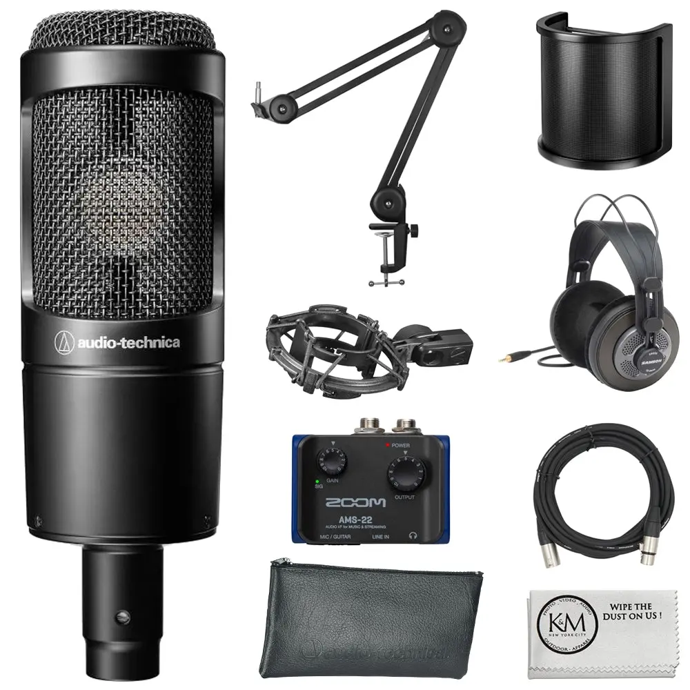 Audio-Technica AT2035 Cardioid Condenser Microphone Bundle with Audio Interface + Studio Headphones + Microphone Arm + Pop Filter + XLR Cable + Cleaning Cloth (7 Items)