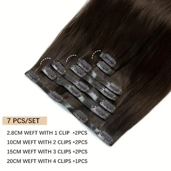 7Pcs Seamless Clip-In Straight Brazilian Remy Human Hair Extensions No Glue PU Clips 12-24 Inch 110-120g Natural Black Brown Blonde Adds Volume Length Quick Transformation Versatile Styling