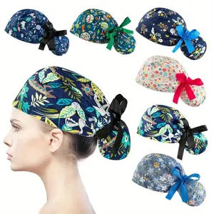 6PCS Scrub Caps Women Bouffant Scrub Hats Caps Nurses, Adjustable Working Cap Ponytail Pouch Tie Back Hats