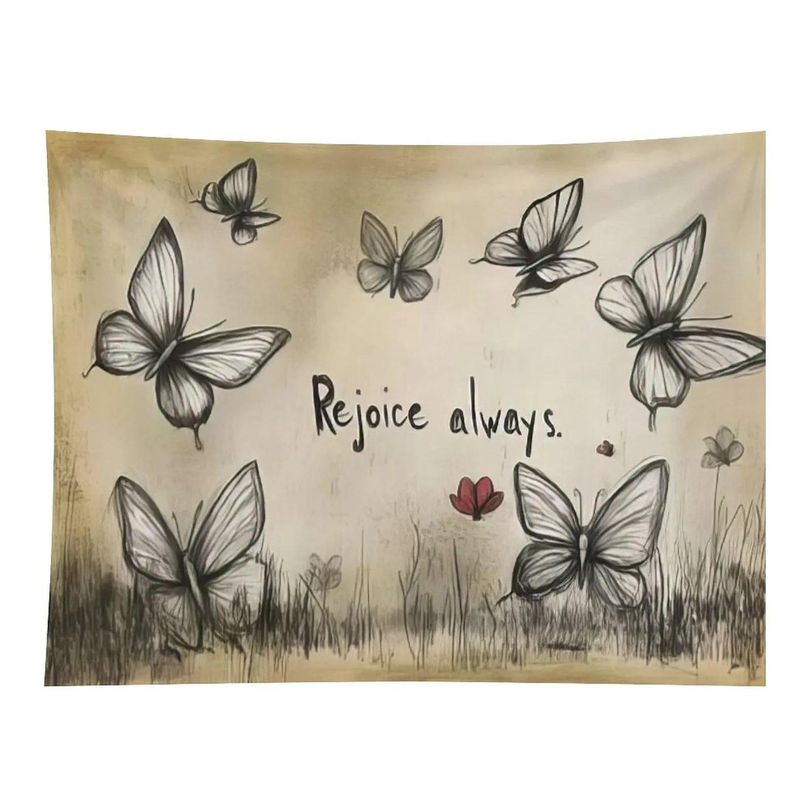 Vintage Sketch Butterfly Wall Tapestry Rejoice Always Inspirational Quote Hand‑drawn Butterflies Grassland Retro Paper Texture Wall Decor