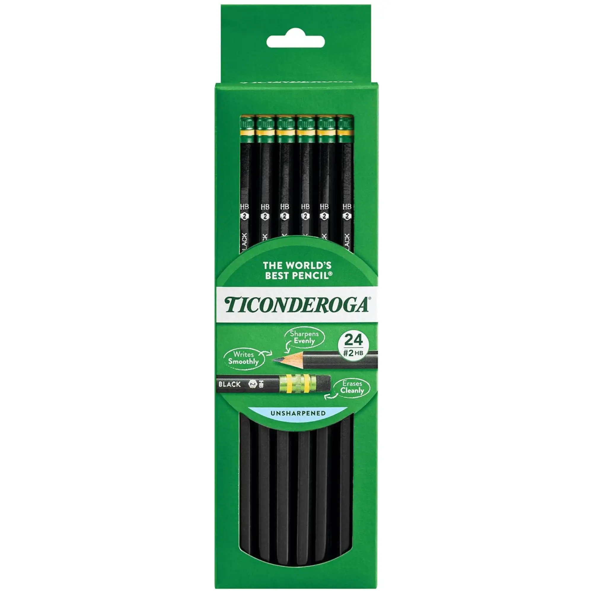 Ticonderoga Wood-Cased Pencils, Office Supplies, 2 HB Soft Tip, Black, 24 Count, Kids Safe, Latex-Free Erase, Smooth Writing, Wood Casing