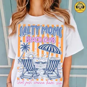 [Sale up to 50%] [Free Ship] Retro Beach Quote T-Shirt, Salty Moms Summer Shirt, Striped Beach Club TShirt Sublimation, Funny Vacation