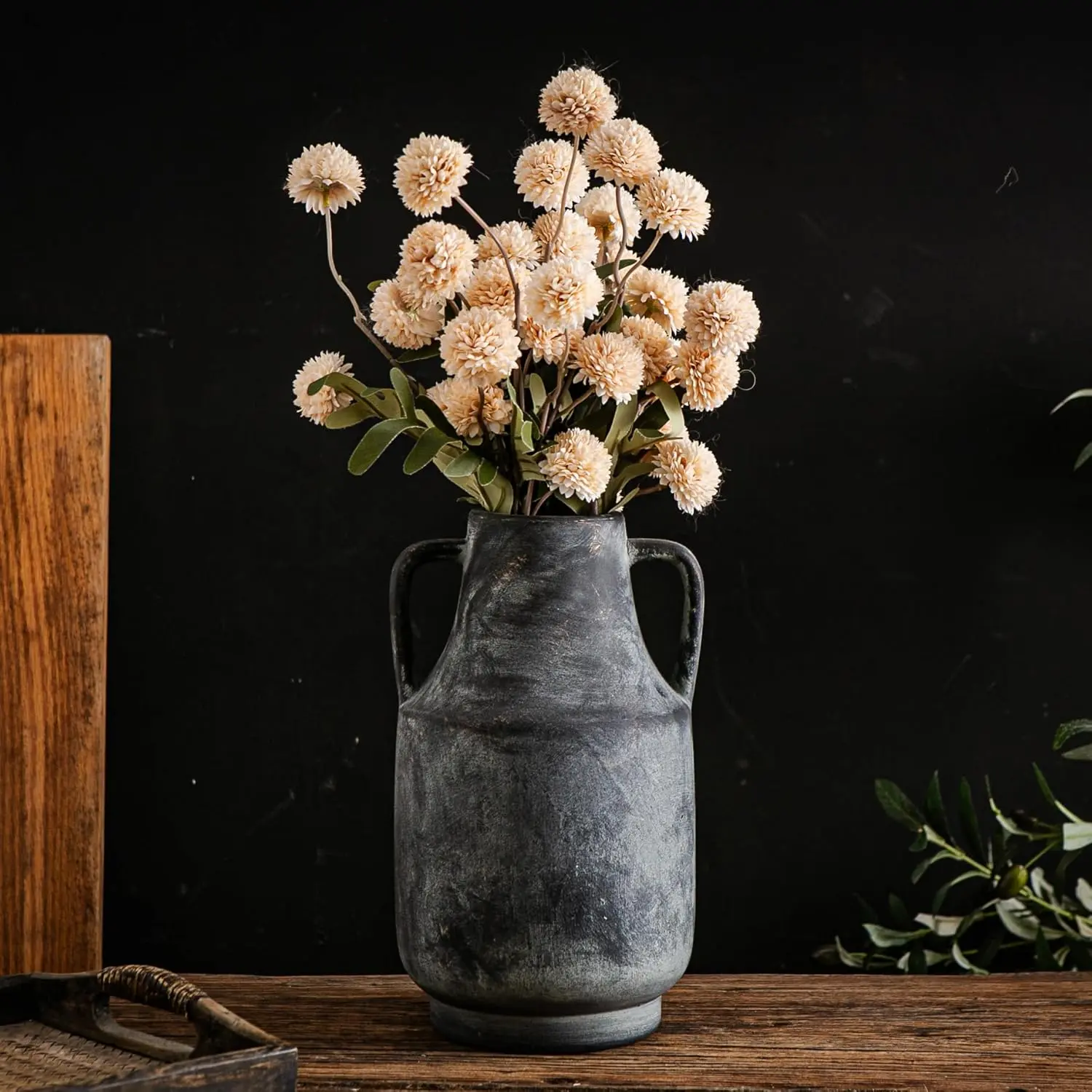 Tenoclock Ceramic Flower Vase with Handles, 11 inch Tall Vase for Centerpieces, Large Decorative Terracotta Vases, Farmhouse Rustic Vases for Home Decor, Living Room, Table, Neutral(Black-L-1622)