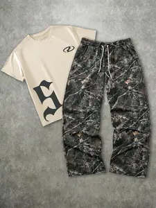Men's Fashion Streetwear Street Casual Vintage Camouflage Oversized 2-Piece Set, Menswear Letter Print Graphic Short Sleeve T-Shirt & Leaf Camo Wide Leg Pants, Loose Fit Outdoor Adventure