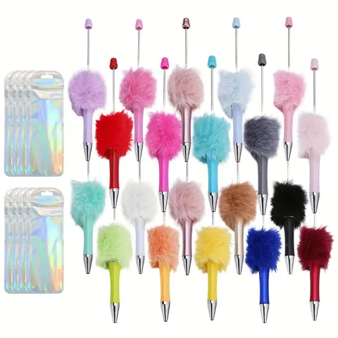 Colored Pens Set - 20 Retractable Plastic Beadable DIY Bling Bead Filler Pens & Refills with Cute Plush Shafts, Diamond Accents, 20 Bags of Beads, Black Ink for Office Use