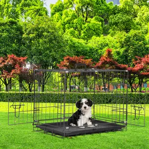 BestPet 24/30 Inch Dog Crates for Small Dogs - Foldable Metal Wire Kennel with Double Door Divider Panel, Removable Tray, and Handle - Pink Black Blue Enclosure Carrier