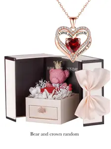 Summer 2024 Rhinestones Heart Shaped Pendant Necklace with Red Immortal Flower & Bear Gift Box, Fashion Teen Girl Accessories for Party, Daily Clothing Decor