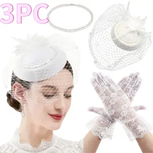 3PCS 50s Fascinators Hat for Women Tea Party with Short Lace Gloves Imitation Pearl Necklace Clothing Accessories - Home Improvement