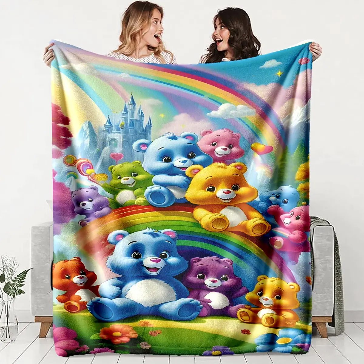Rainbow Heart Bear Theme Blanket, Multi-Color Polyester Fabric, Lightweight Cozy Blanket, Perfect for Sofa Naps and Atmosphere Decoration, Comfortable Casual Cover, Happy Blanket Gifts, Blanket for Couch