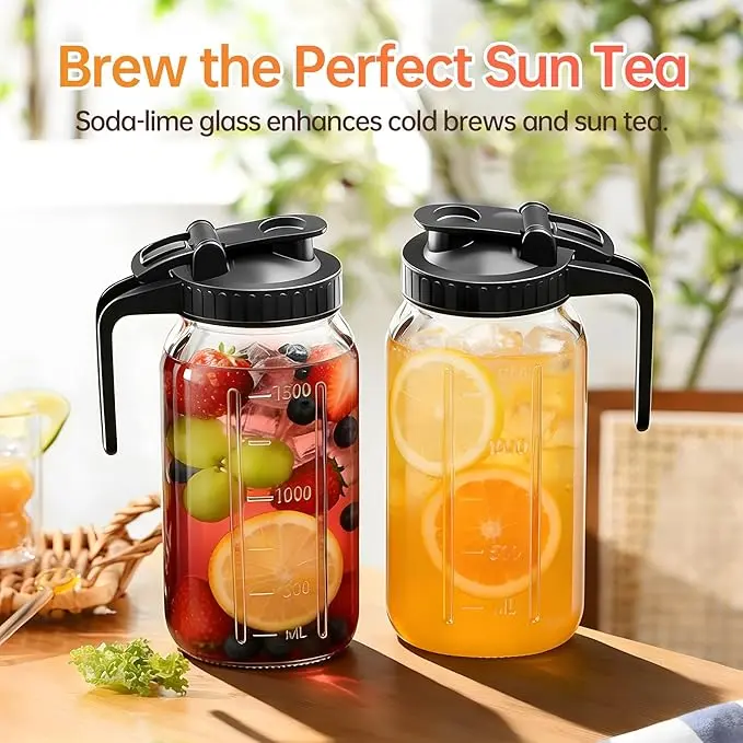 2PCS glass water kettle 64OZ, Mason jar water, lid spout, wide mouthed leak proof water kettle, cold water kettle, suitable for storing breast milk juice, water, milk, tea, iced coffee beverage set scale Tumbler with   Fall Themed  sip,jarras de vidrio