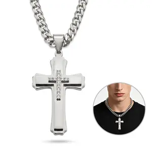 Men's 316L Stainless Steel Cross Necklace, Hypoallergenic Sweat-Resistant Cuban Link Pendant chain men