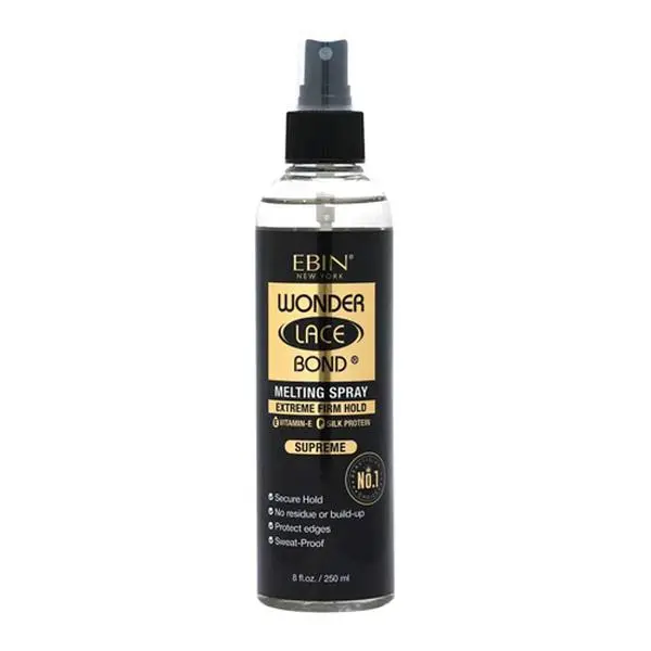 Ebin New York Wonder Bond Melting Spray with Silk Protein, Extreme Firm Hold Haircare for Lace Wigs and Edges, Fruity Acai Berry Scent for Adults, 8.45 oz Bottle, Moisture, Cruelty Free, Helps Lace Blend Into Natural Hair, Lace Bonding