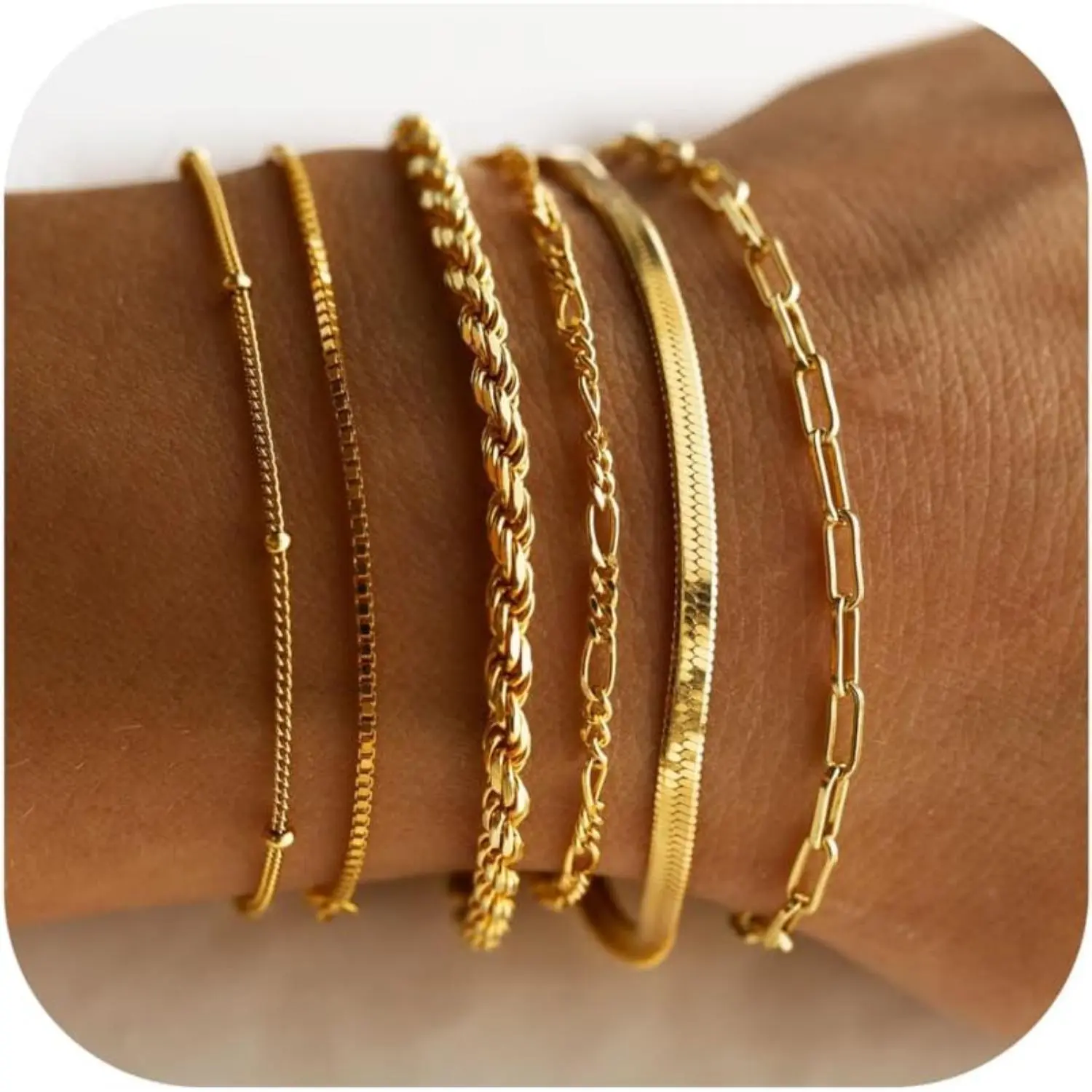 CASSIECA Women's Waterproof Tarnish Proof Jewelry Bracelet Stack Set - Trendy Thin Dainty Stackable Cuban Link, Paperclip Link, Figaro Chains - Female Daily Summer Wear Fashion Costume Jewelry
