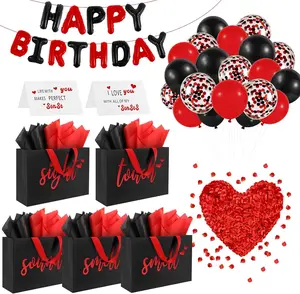 5 Senses Gift Bags for Him with Labels Tissue Paper And Handles, Includes Birthday Decoration Banner, Balloons, Rose Petals & Cards for Him or Her, Husband or Boyfriend (Black with red lettering)