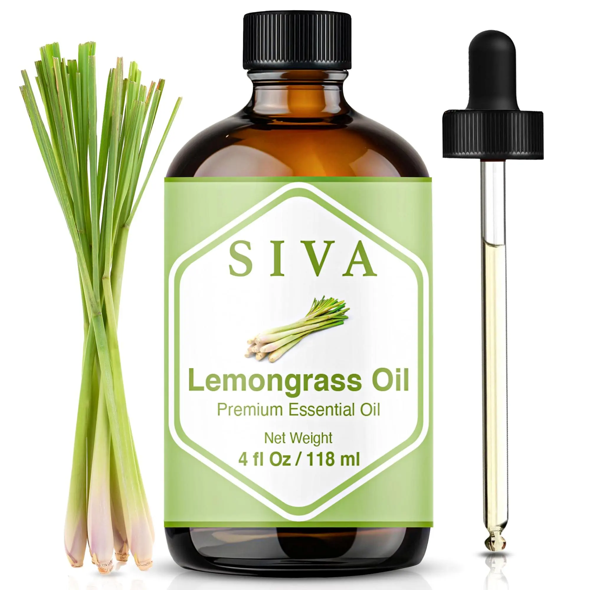 Siva Lemongrass Essential Oil - 4 Fl Oz, 100% Natural with Dropper - Therapeutic, Calming, Soothing for Aromatherapy, Diffuser, Self Care Products (Skin, Hair, Scalp Care, Massage)