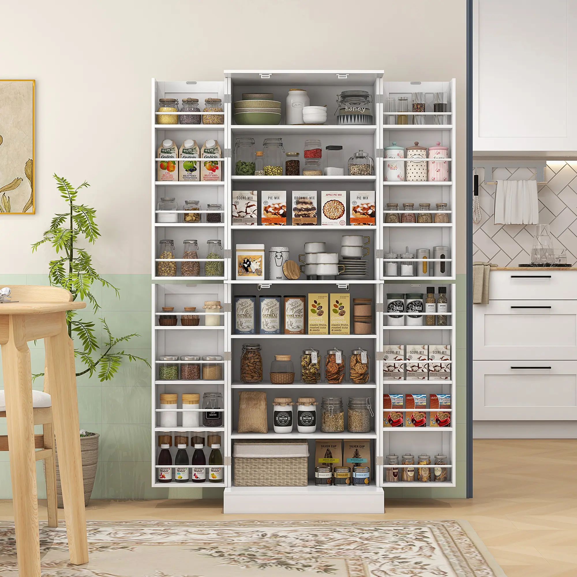 White 65.4 Inch Modern Tall Kitchen Pantry Cabinet Four Enclosed Doors With 16 Door Mount Spice Racks 8-Tier Storage Space 3-Level Adjustable Inner Shelves Melamine Particleboard With Anti Tipping Design Total Load Up To 258 Lbs