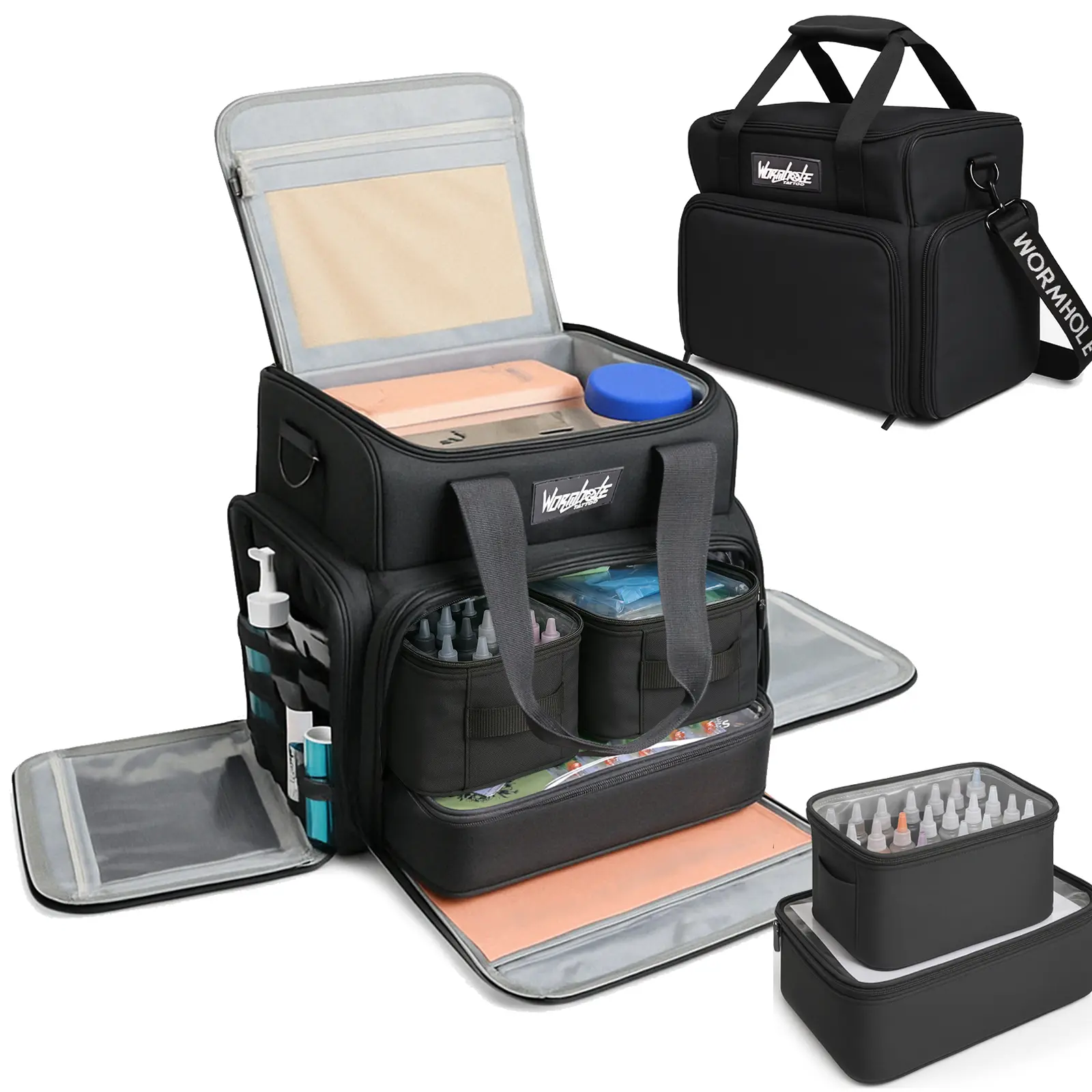 WORMHOLE Professional Tattoo Backpack - Water-Resistant Functional Organizer with 3 PVC Pouches, Dual Storage, Fits Full Supplies & Stencil Printer, for Studio & Travel, Chic, Synthetic, Dustproof, Adjustable Strap, Adults, 14.6" L X 9.5" W X 14.2" H, Bui