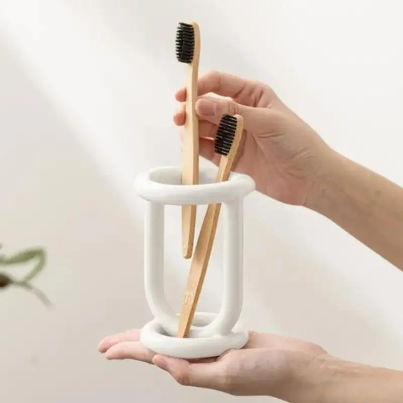 Ceramic Toothbrush Holder with Independent Toothpaste Organizer, Multi-Functional Desktop Storage for Cutlery and Pens, Christmas Decoration & Gift, Bathroom Accessory