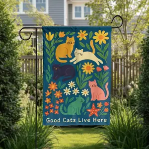 Good Cats Live Here Garden Flag and House Flag, Colorful Floral Yard Art, Spring Summer Outdoor Porch Decor, Garden Gift, Custom Flag (Pole, Hooks, Or Fasteners Are Not Included)