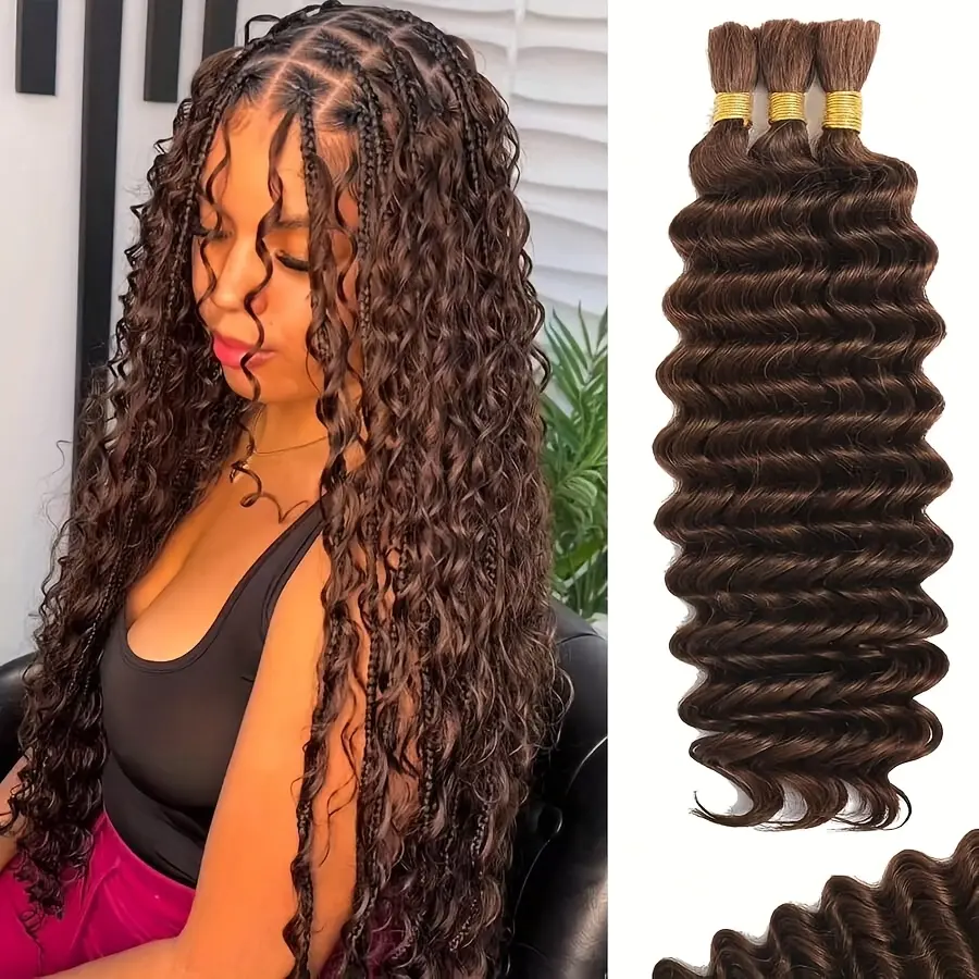 Wholesale 10A Grade Brazilian Virgin Human Thick Hair Extensions - 16-28 Inch Chocolate Brown Deep Wave Braiding Hair, 2 Bundles, Natural Color 4#, for Boho Braids Wet Wavy Look, Ideal for All Ethnicities