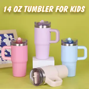 14 Oz Tumbler with Handle, 14 Oz Flip Straw Tumbler with Leakproof Lid, Stainless Steel Double Wall Vacuum Insulated Cup, Keep Hot and Cold