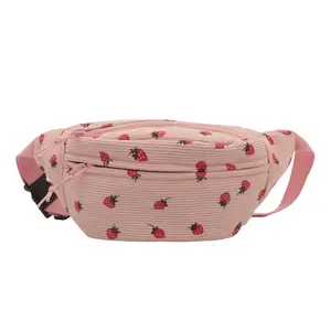 Waist Bag Women Men Corduroy Fanny Pack Strawberries Pocket Fashion Chest Handbag Sports Travel Purse Plaid Waistpack Belly Bags molfmy