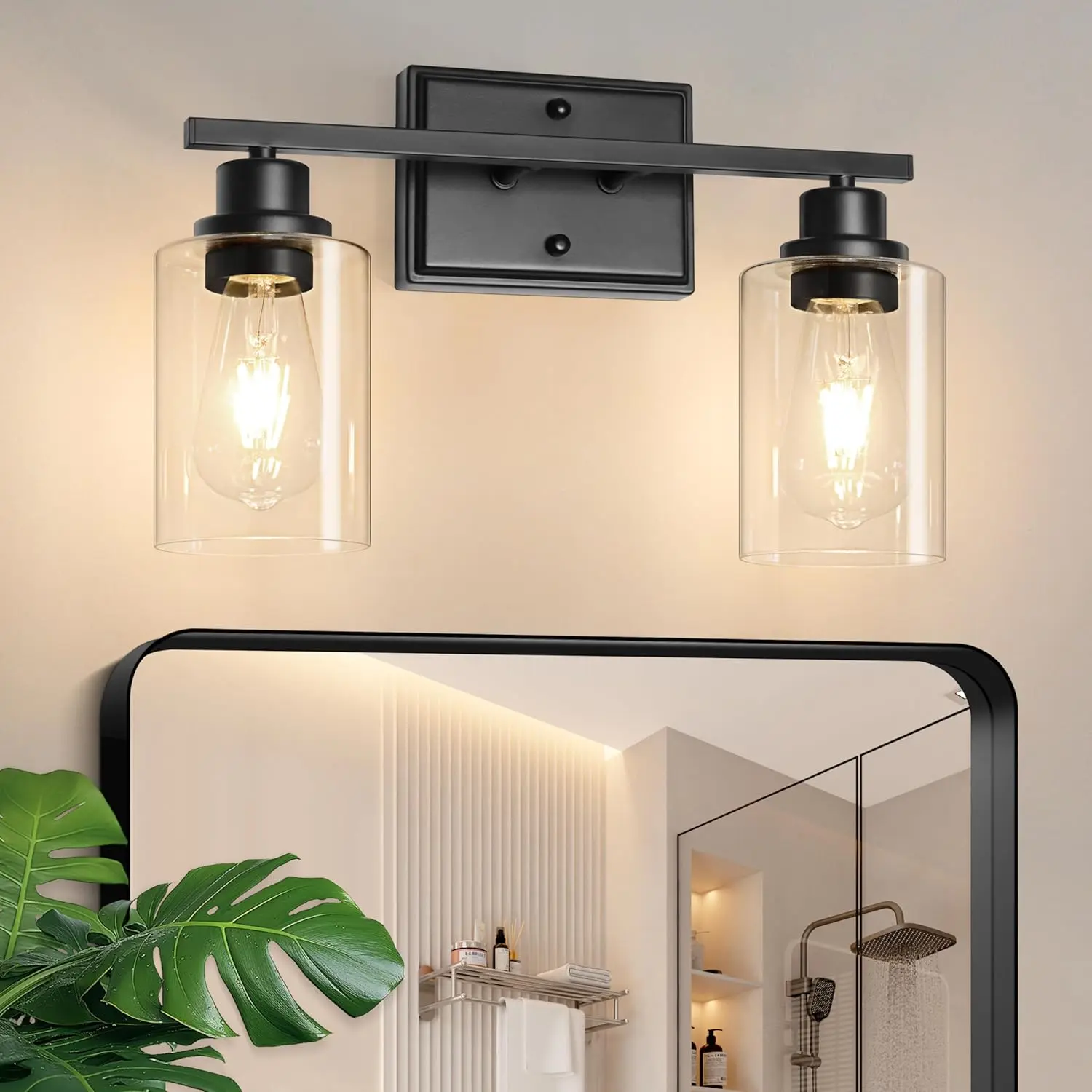 2 Light Bathroom Light Fixtures, Modern Vanity Lights Over Mirror, Black Wall Lamp with Clear Glass for Living Room Cabinet Bedroom Porch